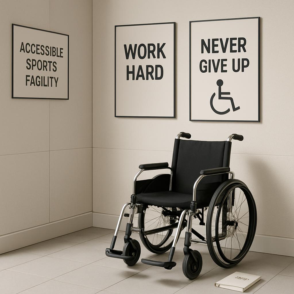 The image depicts a corner of a room with a wheelchair and three motivational posters. The wheelchair is positioned in the...