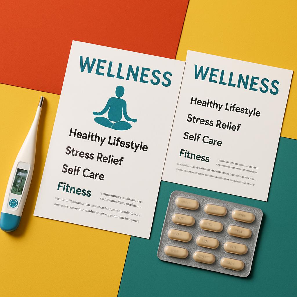 2 books on wellness exercises, 1 thermometer, and 1 blister of 9 tablets.