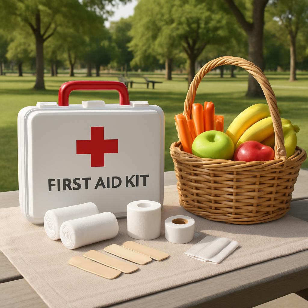 A first aid kit is open on a picnic table in a park. In front of the kit: medical supplies including bandages, tape, two r...