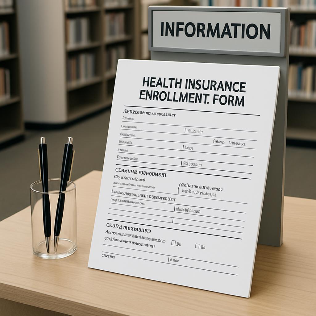 An information stand with a sign that says 'INFORMATION', a paper titled 'HEALTH INSURANCE ENROLLMENT FORM' with blanks an...