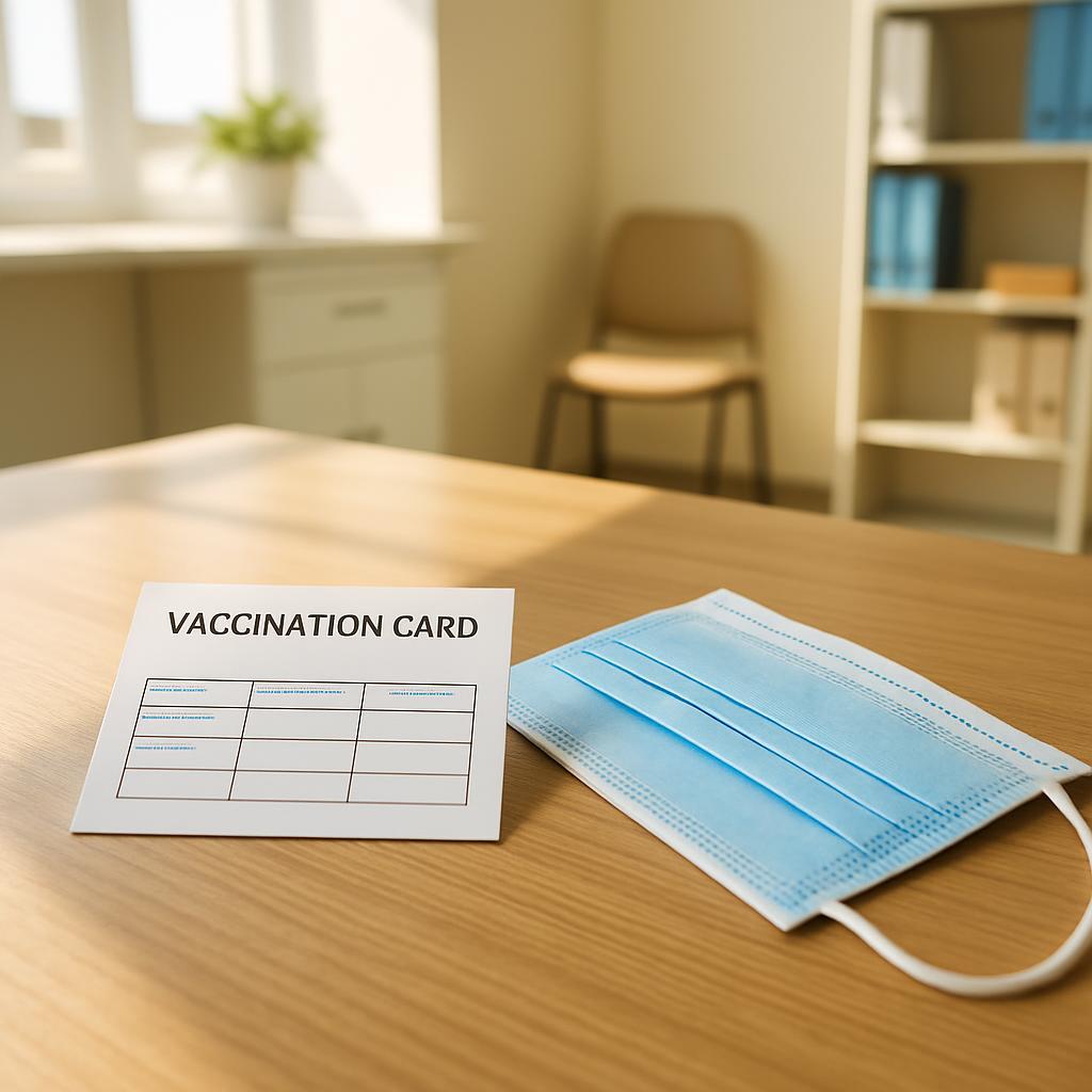 A vaccination card and a medical mask on a table in an examination room, likely for an upcoming medical procedure.