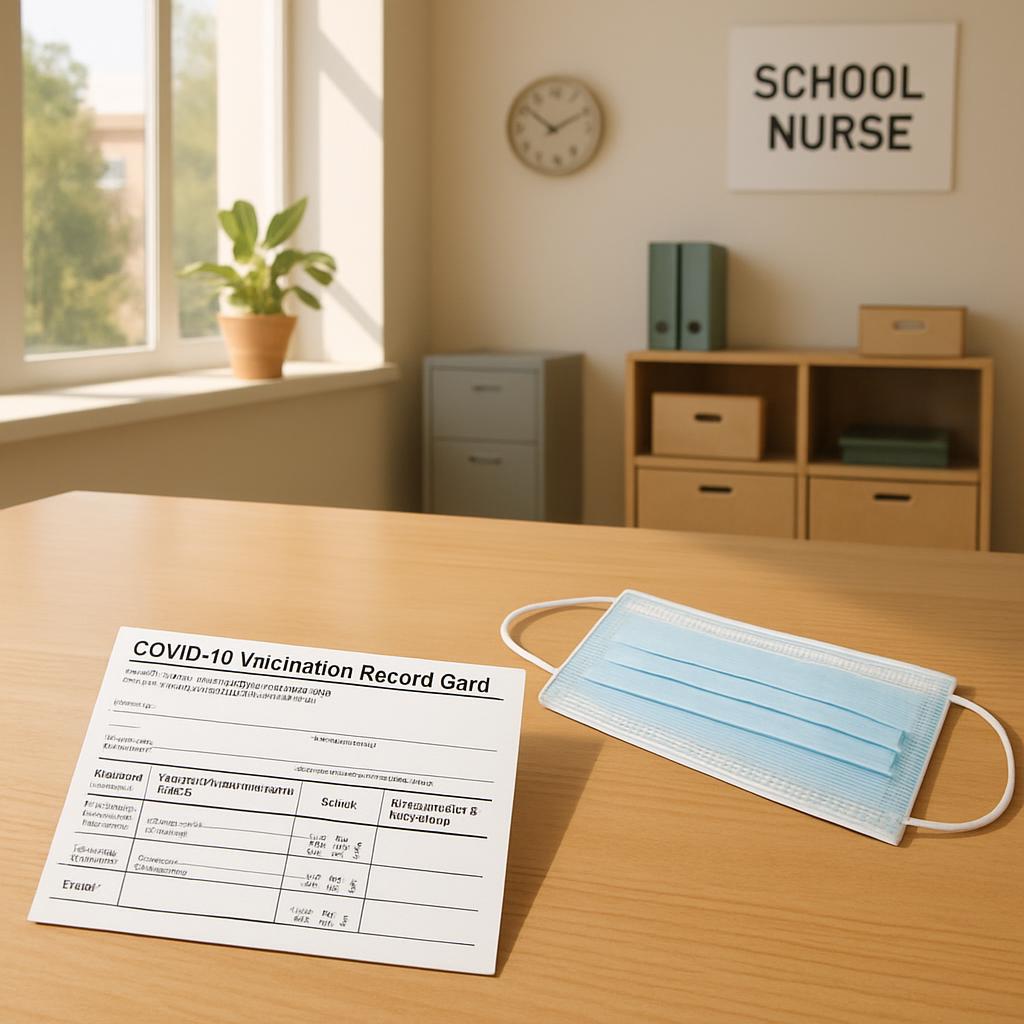 Photo of a COVID-19 vaccination record card, surgical mask, and the interior of a 'School Nurse' office in the background.