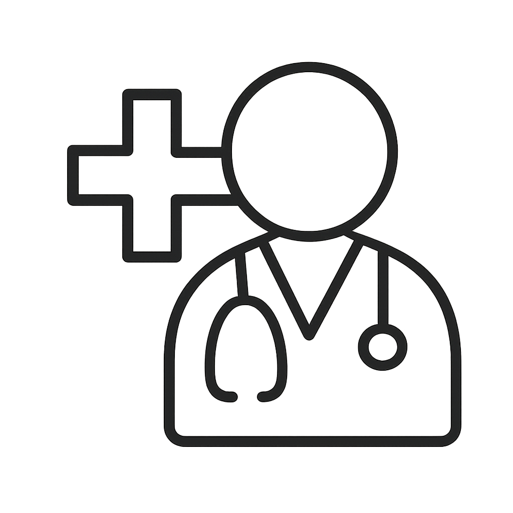 A simple outline illustration of a physician, denoted by a 'doctors coat', with a stethoscope hanging across the chest. Ab...